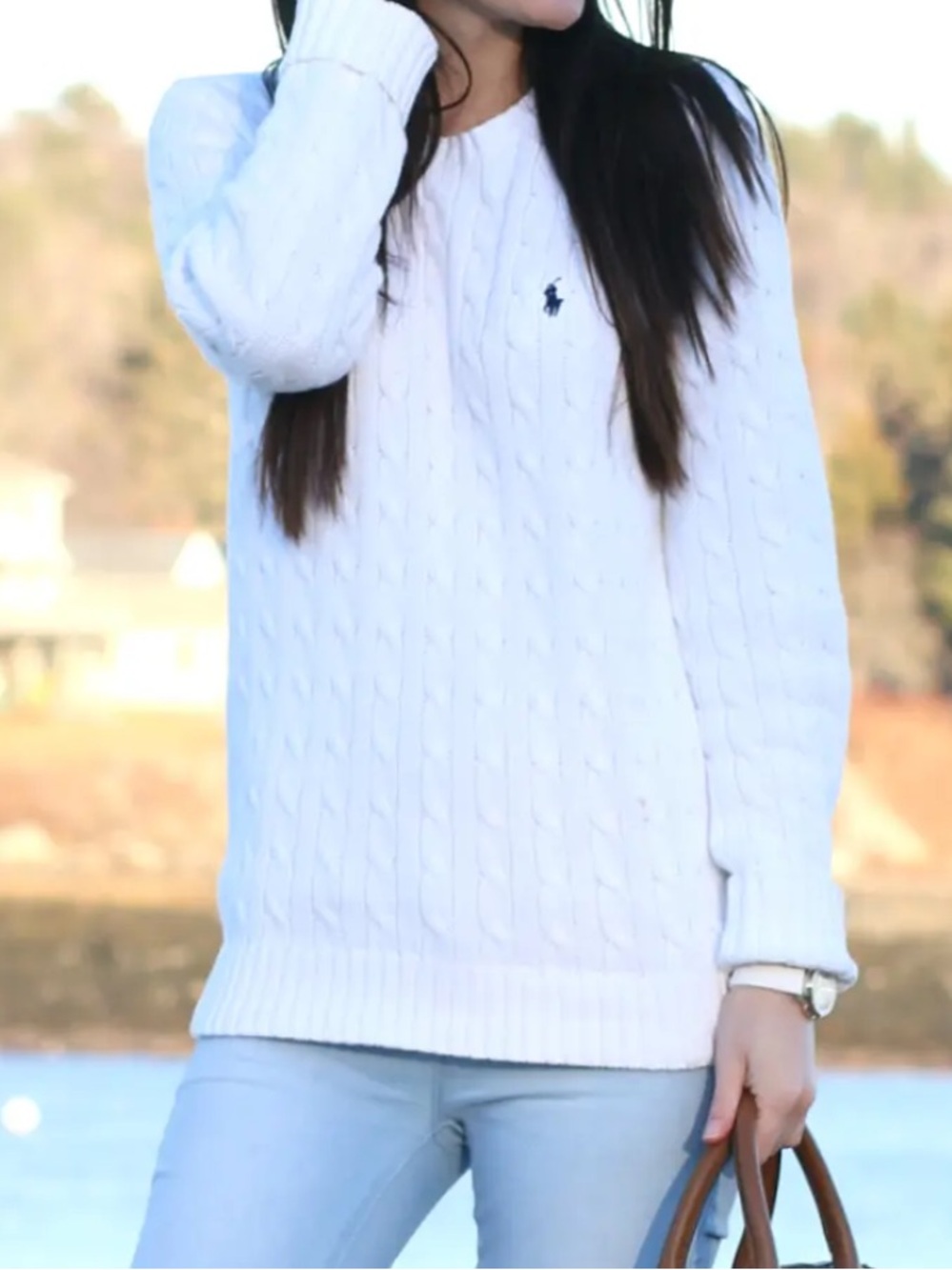 Vintage Polo Ralph Lauren Classic White Cable Knit Crewneck Sweater, size Medium